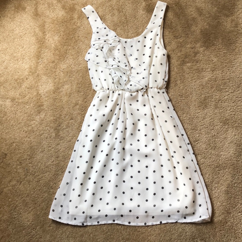 White Dress w Gray polka dot Socialite dress Small